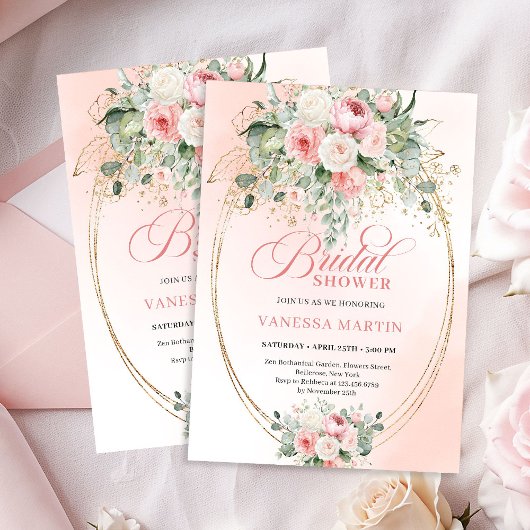 Romantic Dusty Rose Eucalyptus Gold Bridal Shower 招待状
