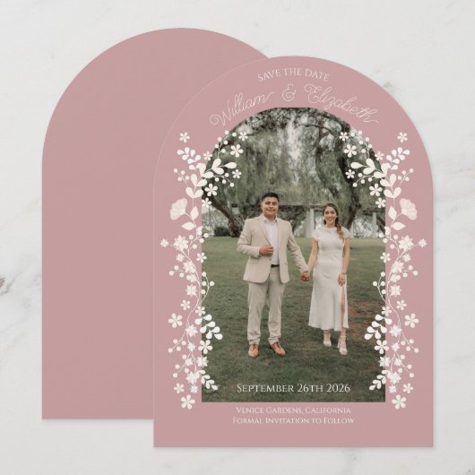 Romantic Dusty Rose Floral Arch Save the Date 招待状 (正面/裏面)