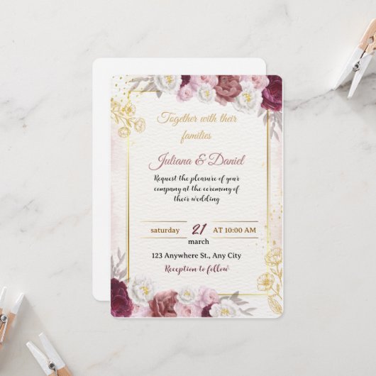 Romantic Dusty Rose Floral Wedding Invitation | Bo 招待状 (正面/裏面インサイチュ)