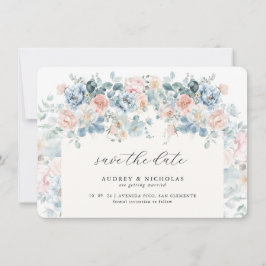 Romantic Elegant Dusty Blue Peach Florals Wedding セーブザデート