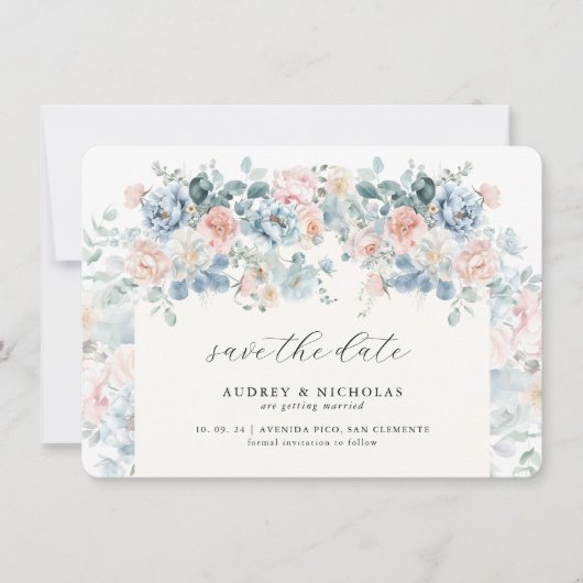 Romantic Elegant Dusty Blue Peach Florals Wedding セーブザデート (正面)