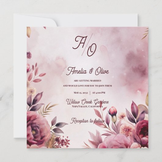 Romantic Ethereal Mauve Floral Wedding Invitation (正面)
