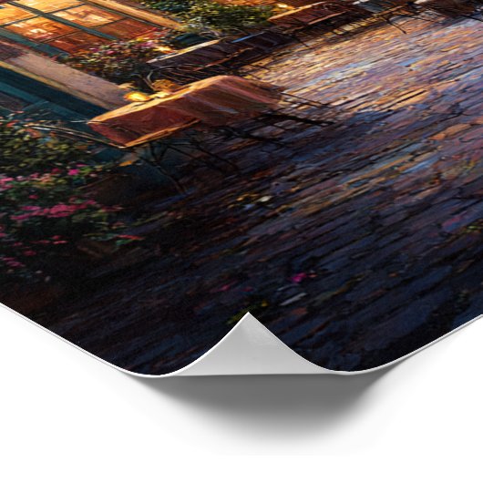 Romantic Evening at a Cobblestone European Cafe ポスター (角)