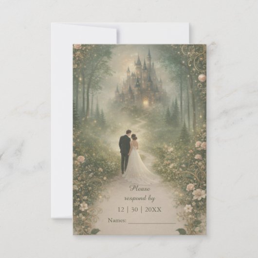 Romantic Fairytale Castle Forest Path Wedding 出欠カード (正面)