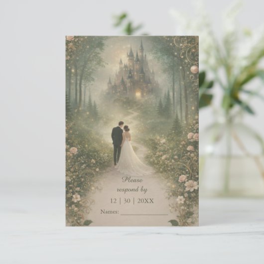 Romantic Fairytale Castle Forest Path Wedding 出欠カード (スタンド正面)