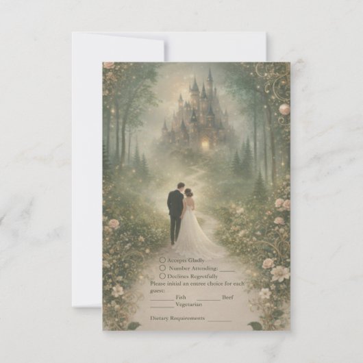 Romantic Fairytale Castle Forest Path Wedding 出欠カード (裏面)