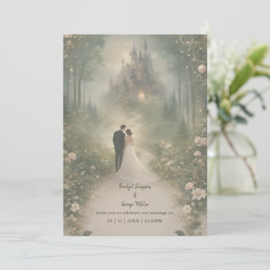 Romantic Fairytale Castle Forest Path Wedding 招待状 (スタンド正面)