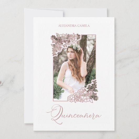 Romantic Fake Rose Gold Floral Frame Photo XV años 招待状 (正面)