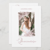 Romantic Fake Rose Gold Floral Frame Photo XV años 招待状 (正面/裏面)