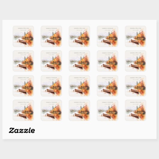 Romantic fall lake and boat Wedding Sticker スクエアシール (シート)