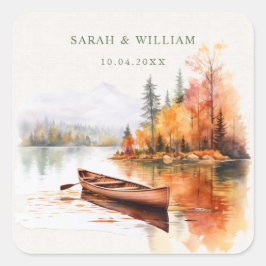 Romantic fall lake and boat Wedding Sticker スクエアシール