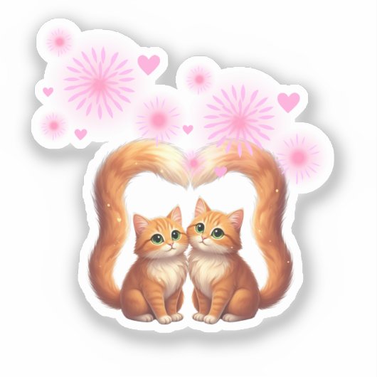 Romantic Fireworks Heart Cats Love & Togetherness シール (正面)