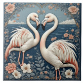 Romantic Flamingo Couple Art Deco Blue Pond Floral タイル (正面)