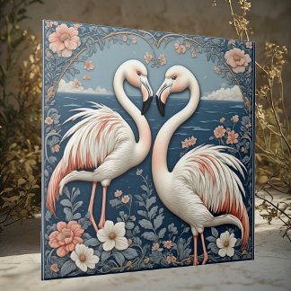 Romantic Flamingo Couple Art Deco Blue Pond Floral タイル