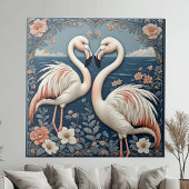 Romantic Flamingo Couple Art Deco Blue Pond Floral タイル