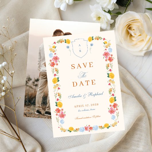 Romantic Floral Arch Monogram Crest Wedding セーブザデート