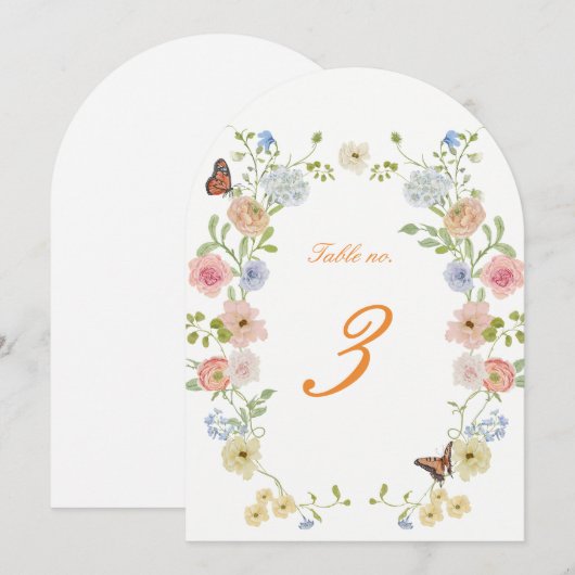 Romantic Floral Arched Wedding Table Numbers 招待状 (正面/裏面)