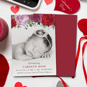 Romantic Floral Blooms Photo Birth Announcement 案内状
