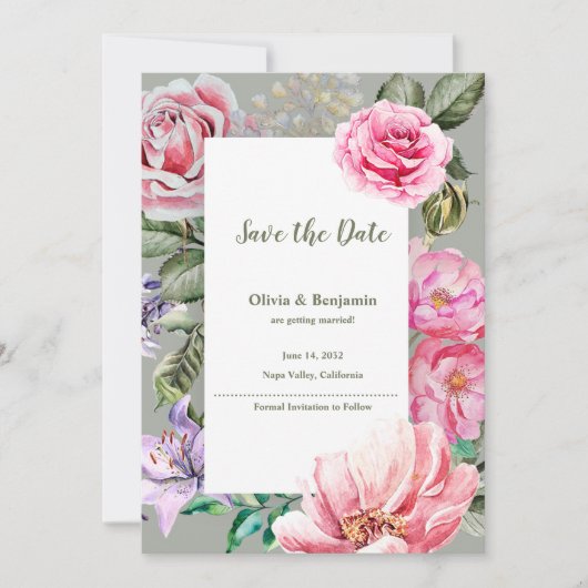 Romantic Floral Blush Garden Wedding Save the Date 案内状 (正面)
