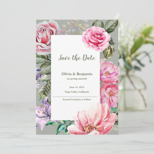 Romantic Floral Blush Garden Wedding Save the Date 案内状 (スタンド正面)