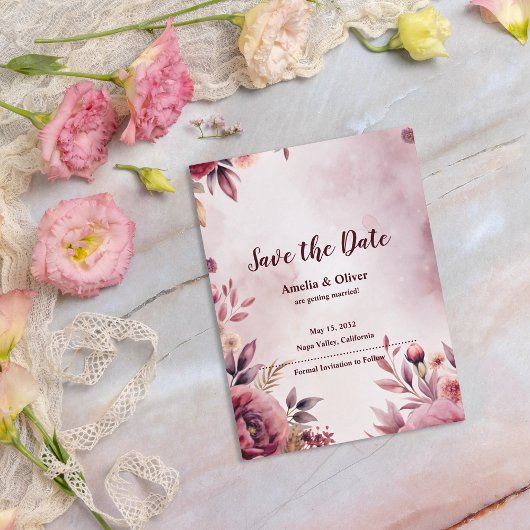Romantic Floral Botanical Wedding Save the Date 案内ポストカード