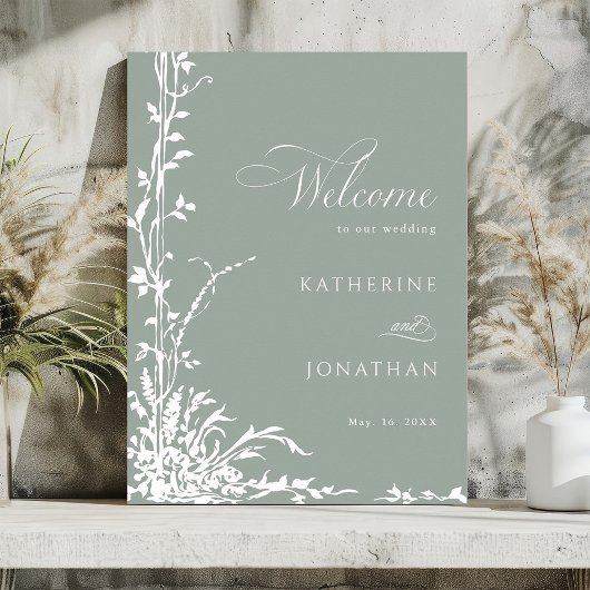Romantic Floral Garden Sage Green Wedding Welcome ポスター