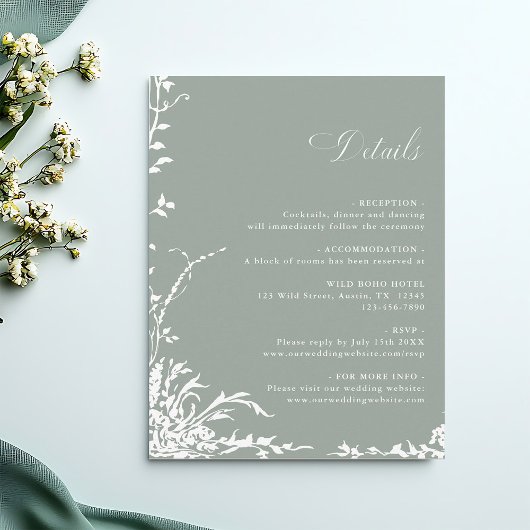 Romantic Floral Garden Wedding Details Sage Green エンクロージャーカード