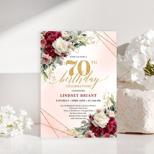 Romantic Floral Gold 70th Birthday Invitation 招待状