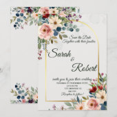 Romantic Floral Gold Arch Wedding Save The Date 招待状 (正面/裏面)