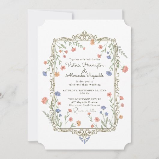 Romantic Floral Gold Frame Wedding Invitation 招待状 (正面)