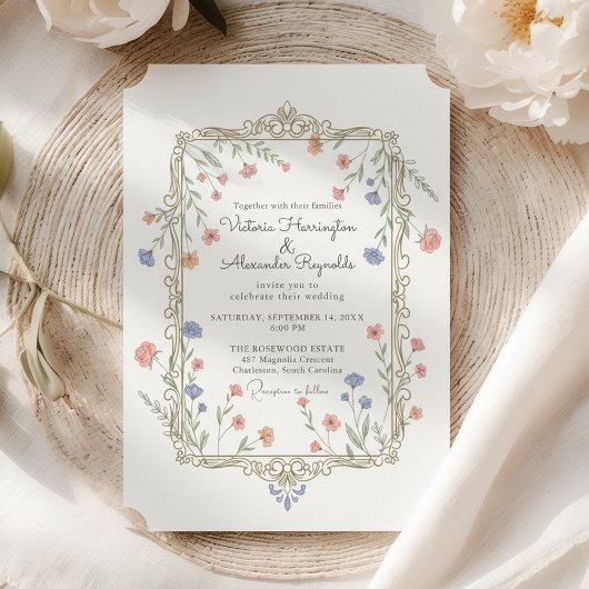 Romantic Floral Gold Frame Wedding Invitation 招待状