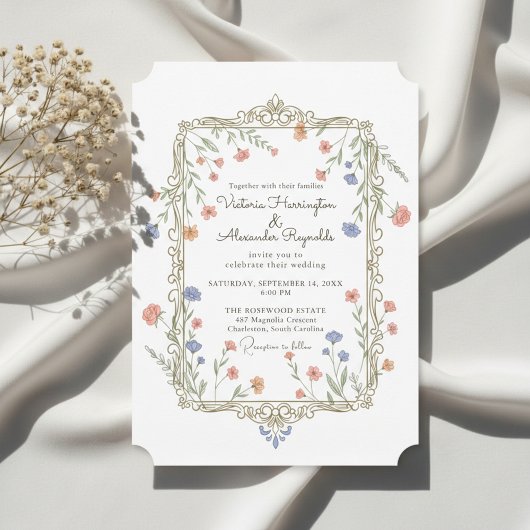 Romantic Floral Gold Frame Wedding Invitation 招待状