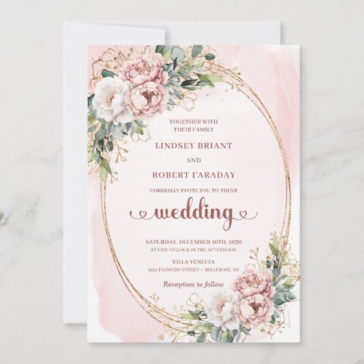 Romantic Floral Greenery Rose Gold Wedding Invite 招待状 (正面)