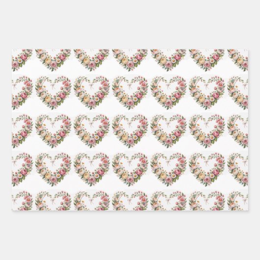 Romantic Floral Hearts, Boho Neon Wolf, Valentine ラッピングペーパーシート (正面)