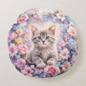Romantic Floral Kitten Round Throw Pillow ラウンドクッション (正面)