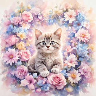 Romantic Floral Kitten Round Throw Pillow ラウンドクッション