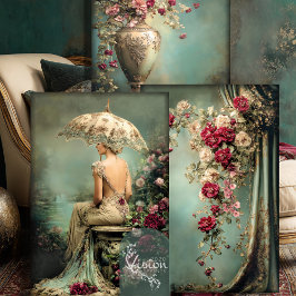 Romantic Floral, Lady & a Parasol, Matching Set ラッピングペーパーシート