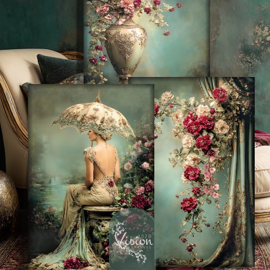 Romantic Floral, Lady & a Parasol, Matching Set ラッピングペーパーシート