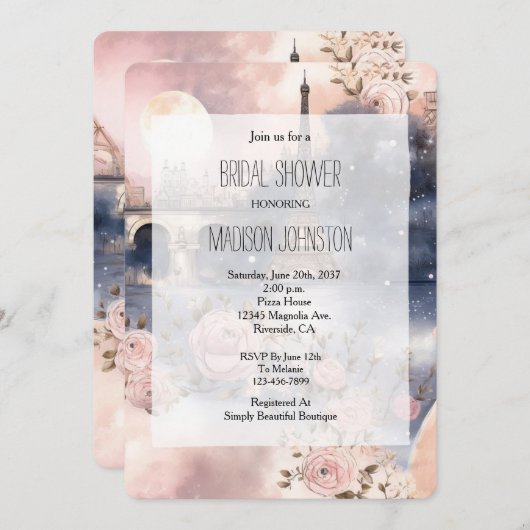 Romantic Floral Paris Eiffel Tower Bridal Shower 招待状 (正面/裏面)