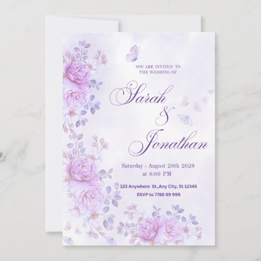 💐Romantic Floral Purple Wedding Invitation 案内状 (正面)