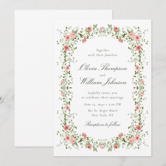 Romantic Floral Vine Frame Wedding Invitation 招待状 (正面/裏面)