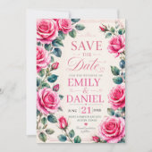 Romantic Floral Watercolor Pink Rose セーブザデート (正面)
