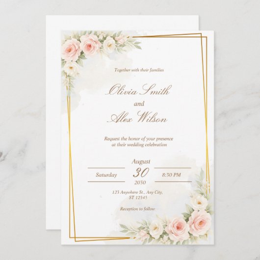 Romantic Floral Wedding Invitation Dusty Blush Peo 招待状 (正面/裏面)