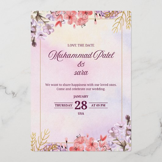 Romantic Floral Wedding Invitation – Elegant Paste 箔招待状 (正面)