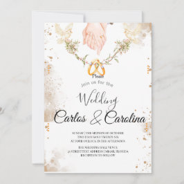Romantic Floral Wedding Invitation with Gold Rings 招待状
