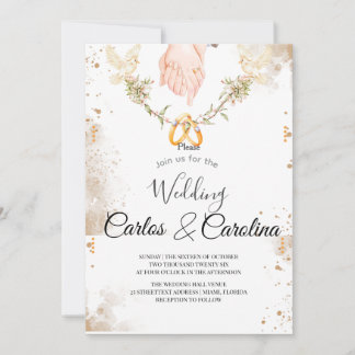 Romantic Floral Wedding Invitation with Gold Rings 招待状