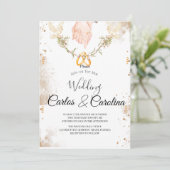 Romantic Floral Wedding Invitation with Gold Rings 招待状 (スタンド正面)
