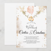 Romantic Floral Wedding Invitation with Gold Rings 招待状 (正面/裏面)