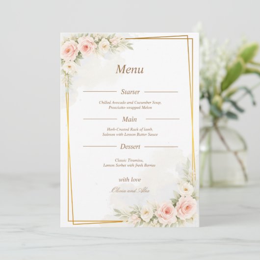 Romantic Floral Wedding Menu Dusty Blush Peony メニュー (スタンド正面)