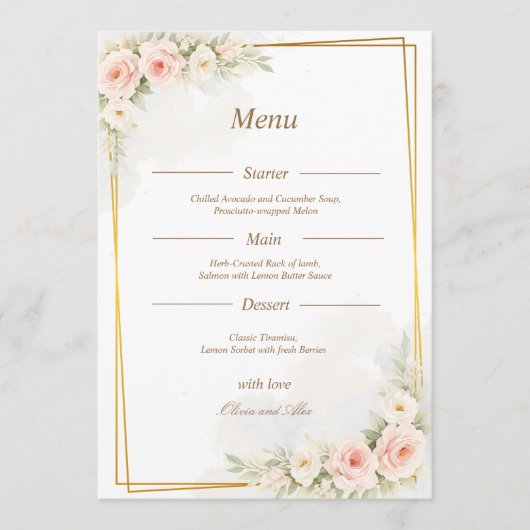 Romantic Floral Wedding Menu Dusty Blush Peony メニュー (正面)